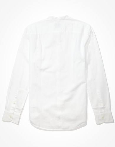 American Eagle Men's Linen Band Collar Button-Up Shirt in white