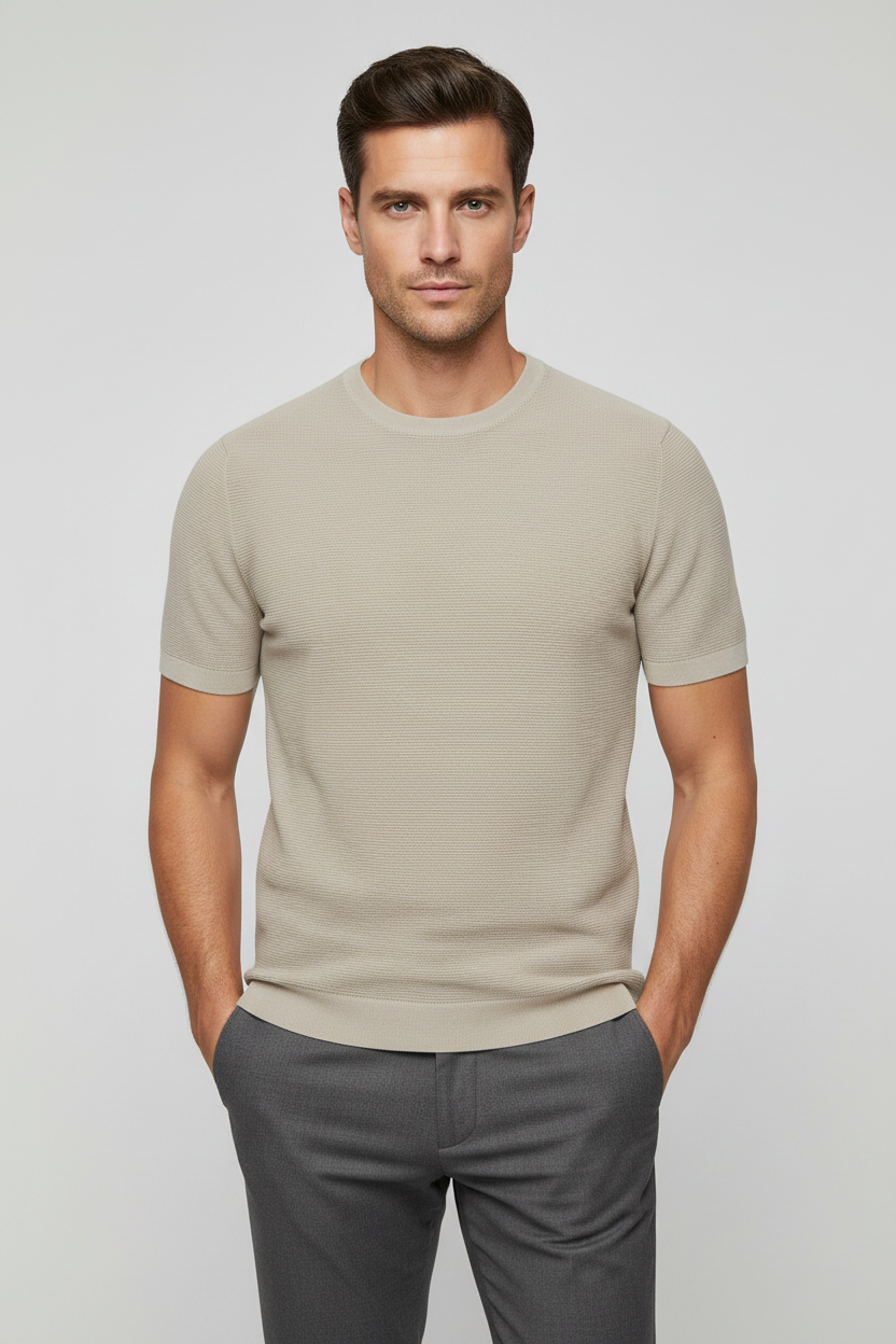Zara Beige Crew Neck Tetured Knite Short Sleeve T-Shirt