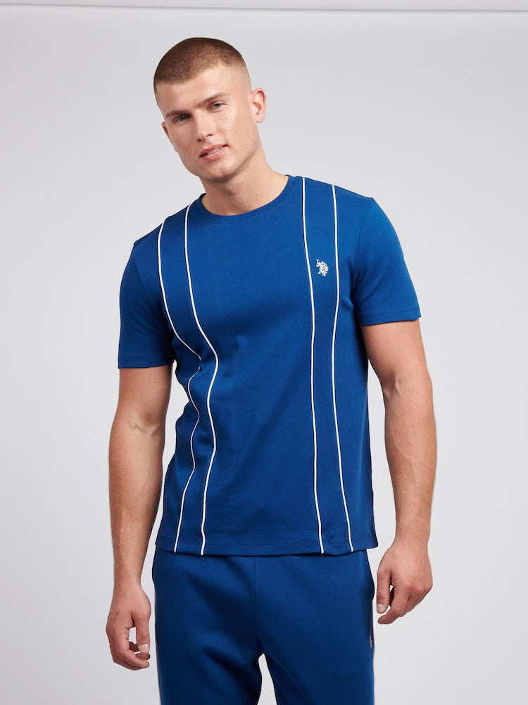U.S. Polo Assn. blue cotton t-shirt featuring white vertical piping and an embroidered logo.
