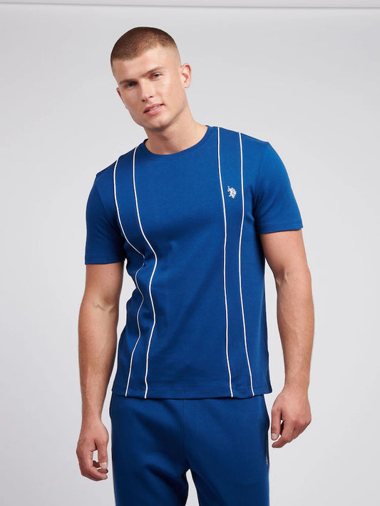 US Polo Assn. blue cotton t-shirt featuring white vertical piping and an embroidered logo.