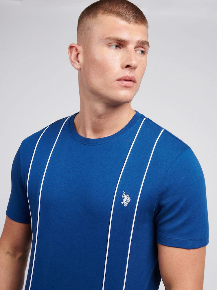 U.S. Polo Assn. blue cotton t-shirt featuring white vertical piping and an embroidered logo.