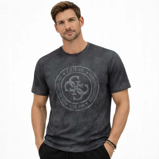 Guess regular fit t-shirt in charcoal grey featuring a front logo stamp