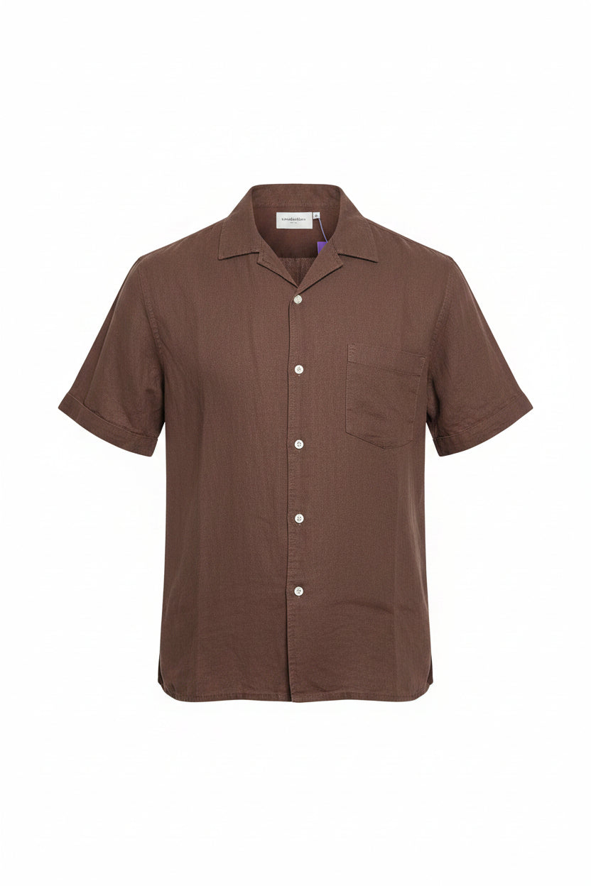 Good&Fellow -Brown Linen-Blend Short-Sleeve Resort neck shirt