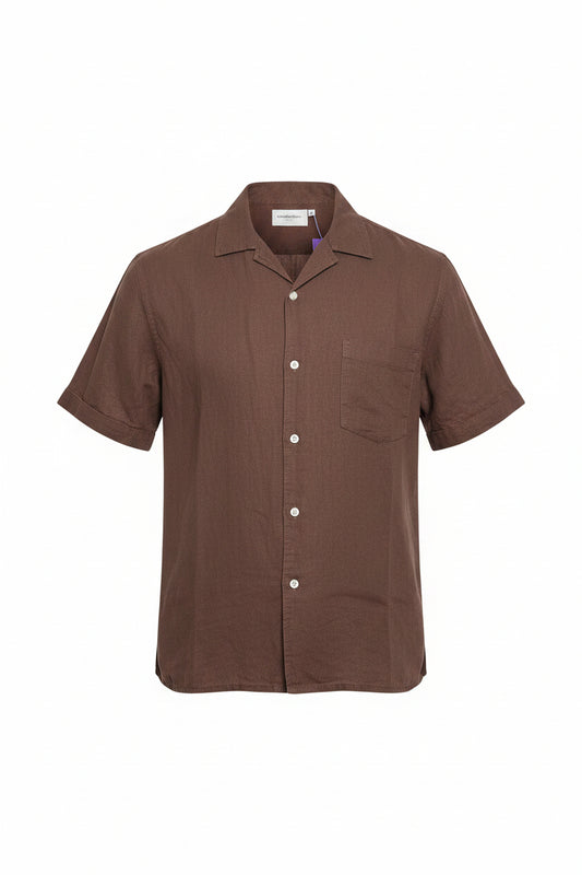 Good&Fellow -Brown Linen-Blend Short-Sleeve Resort neck shirt