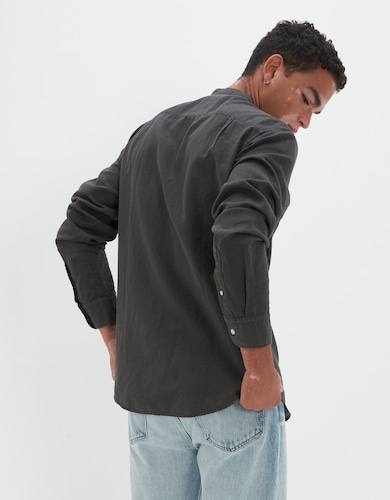 American Eagle linen blend band collar shirt in a solid charcoal gray color