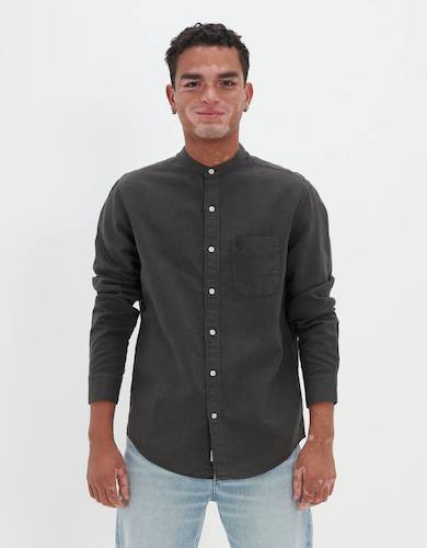 American Eagle linen blend band collar shirt in a solid charcoal gray color
