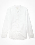 American Eagle Men's Linen Band Collar Button-Up Shirt in white