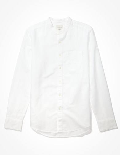 American Eagle Men's Linen Band Collar Button-Up Shirt in white