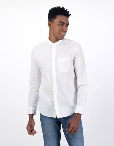 American Eagle Men's Linen Band Collar Button-Up Shirt in white