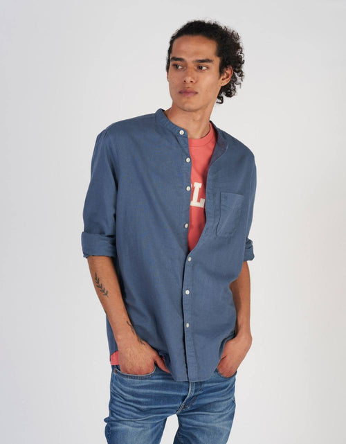 American Eagle Men's Blue Linen Blend Band Collar Button-Up Shirt.