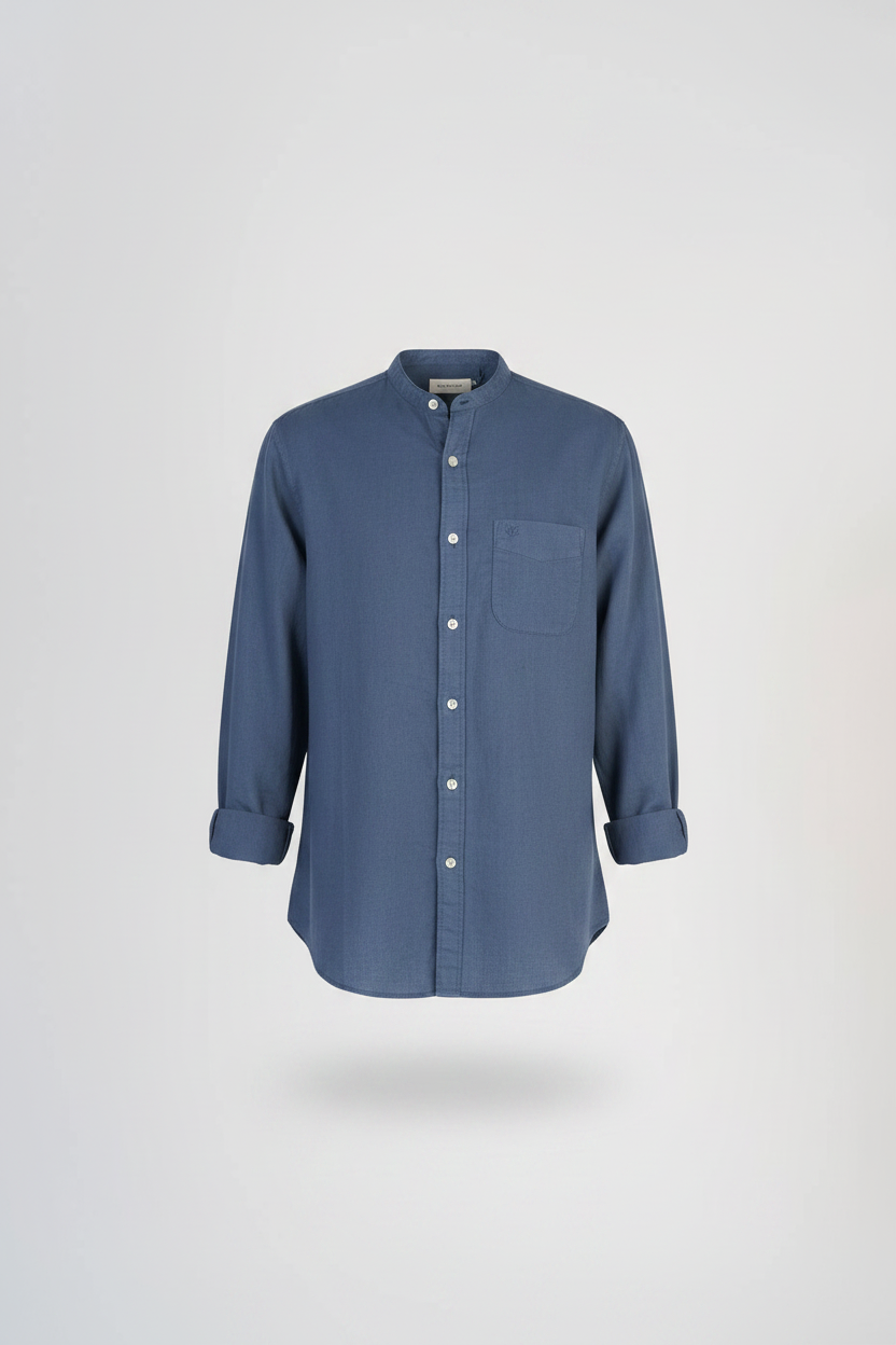 American Eagle Men's Blue Linen Blend Band Collar Button-Up Shirt.
