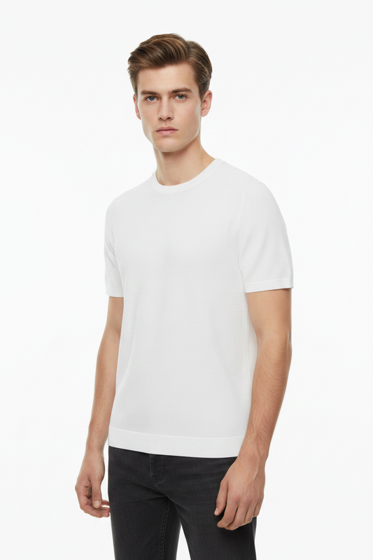 Zara White Crew Neck Tetured Knite Short Sleeve T-Shirt