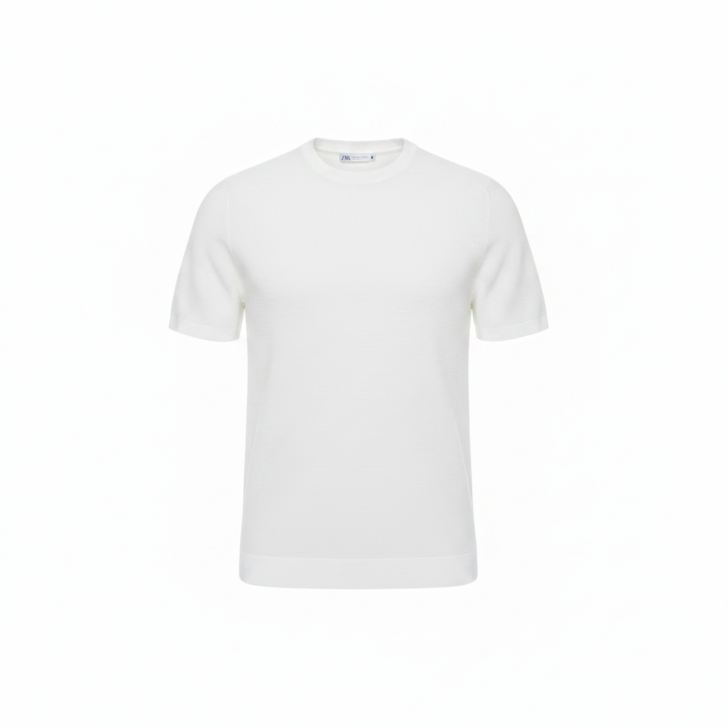 Zara White Crew Neck Tetured Knite Short Sleeve T-Shirt