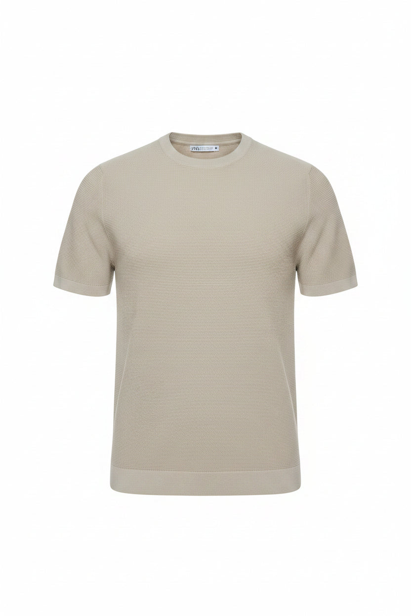 Zara Beige Crew Neck Tetured Knite Short Sleeve T-Shirt
