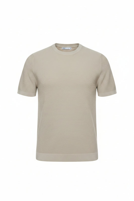Zara Beige Crew Neck Tetured Knite Short Sleeve T-Shirt