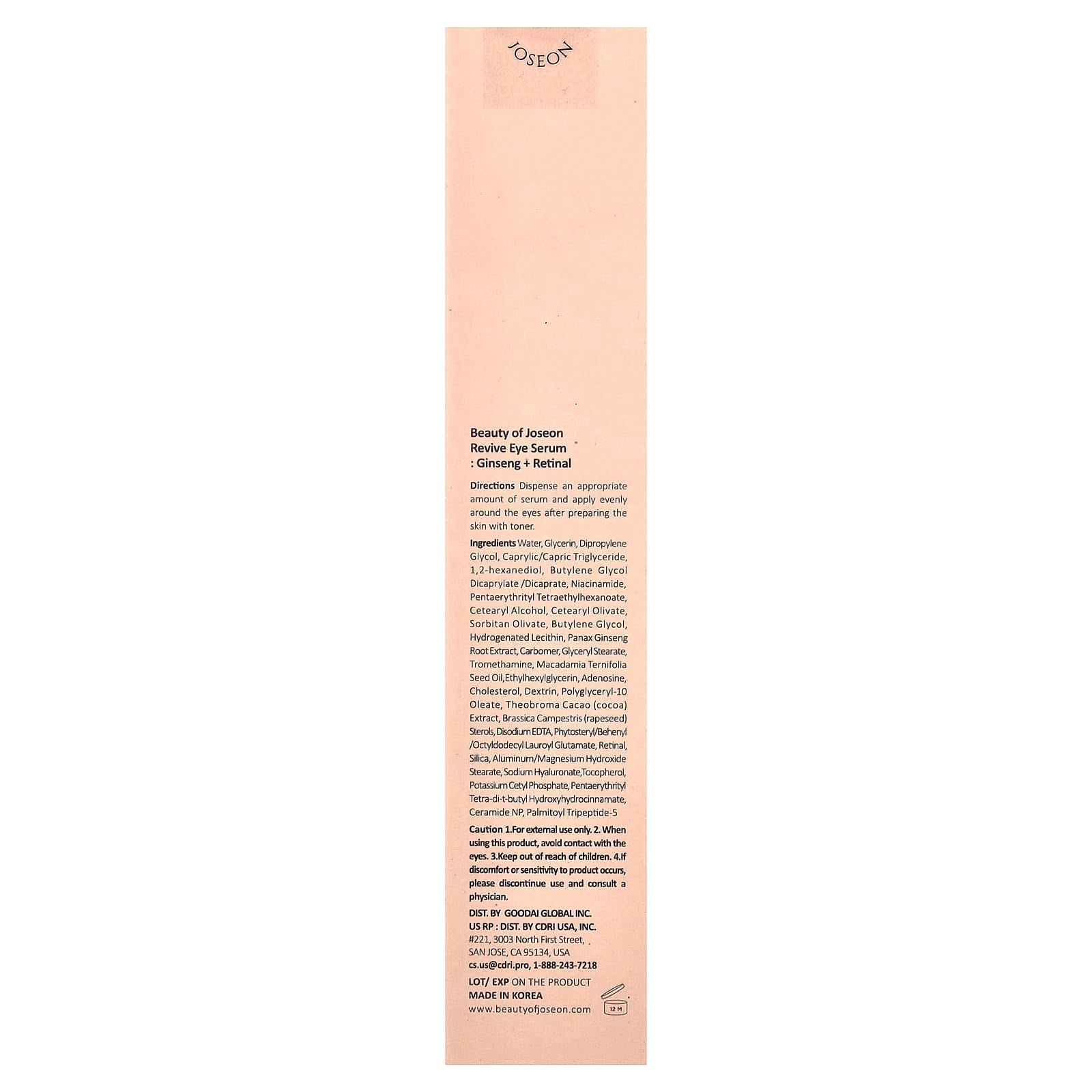 Beauty of Joseon Korean Eye Serum: Ginseng + Retinal 30ml, Pink, 1 Fl Oz (Pack 1)