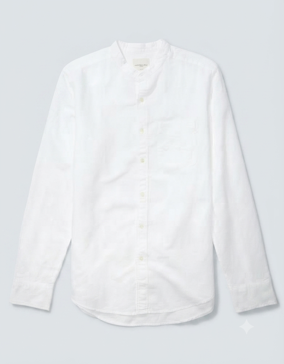 American Eagle Men's Linen Band Collar Button-Up Shirt in white